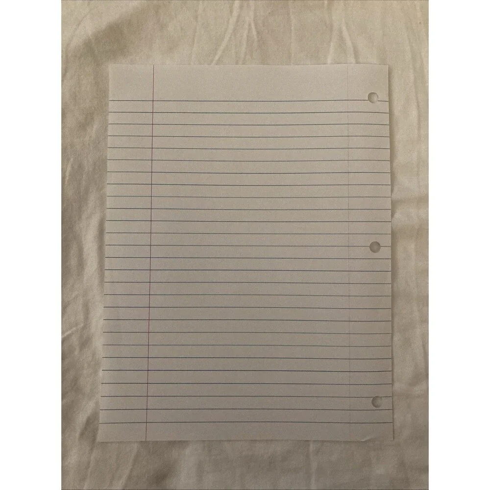 Unbranded 8”x10.5” Wide Ruled White Filler Paper | 3 Holes | 1 Sheet Only